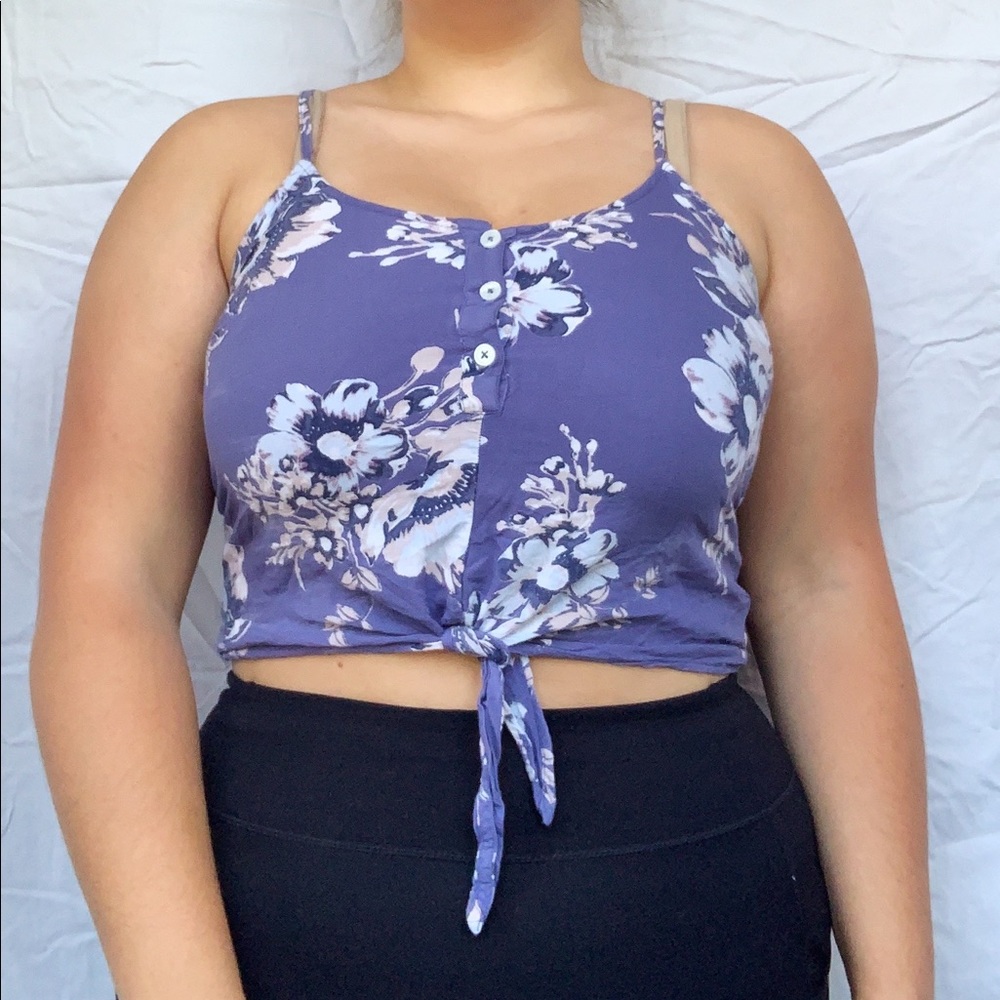 Blue Floral Tie Front Tank Top